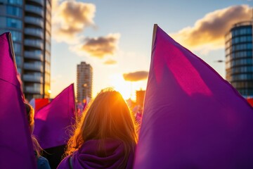 Poster - Empowered Horizons Urban Feminist Activism Meets Sunset Solidarity - Gen Z Womens Transformative Global Movement in Vibrant Purple Panorama