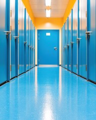 Leinwandbilder - Minimalist Industrial Corridor Vibrant Blue Clean Room Design with High-Performance Architectural Lighting - Precision Engineering and Modern Workspace Innovation