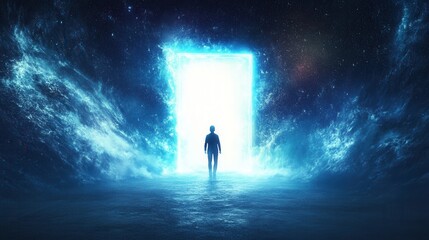 Aufkleber - Standing before a giant glowing portal with a magical atmosphere in a dynamic composition at twilight