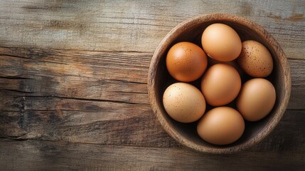 Aufkleber - Fresh brown eggs arranged neatly in a wooden bowl on a rustic wooden table during daylight hours Generative AI