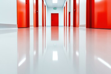 Aufkleber - Minimalist Nordic Workspace Design High-Contrast Red and White Corridor Showcasing Modern Architectural Innovation for Corporate Efficiency and Creative Flow
