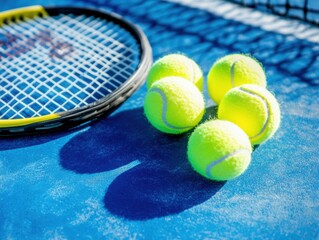 Aufkleber - Vibrant Athletic Performance Visualization High-Energy Tennis Equipment on Minimalist Blue Court - Dynamic Fitness Innovation and Professional Training Assets