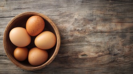 Fototapete - Freshly collected eggs arranged in a wooden bowl on a rustic table setting during the morning light Generative AI