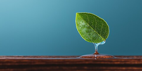 Leinwandbilder - Minimalist Eco-Innovation Vibrant Green Leaf Water Droplet on Wooden Surface - Sustainable Design Metaphor for Climate Resilience and Environmental Technology