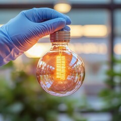 Poster - Innovative Energy Concept Glowing LED Lightbulb in Sterile Professional Environment - Sustainable Technology and Future-Forward Design Solutions