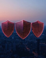 Fototapete - Cybersecurity Sentinel Sleek Digital Shields Illuminating Urban Cyber Defense - Next-Gen Protection for Smart City Infrastructure and Enterprise Resilience