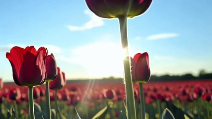 Wall Mural - Red tulips sway gently wind bright blue sky showcasing their rich color delicate petals ultra HD 4K video
