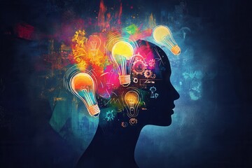 Fototapete - Silhouette of a human head filled with creative symbols representing innovative ideas in a futuristic artistic style