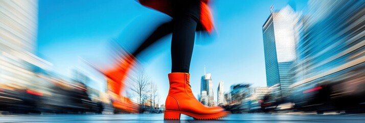 Fototapete - Dynamic Urban Momentum Gen Z Professional in Vibrant Red Boots Navigating Corporate Landscape with Kinetic Energy and Modern Mobility Aesthetic
