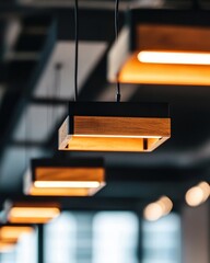 Leinwandbilder - Minimalist Wooden Linear Pendant Lighting Industrial Design Innovation for Modern Workspace Aesthetics - Warm Ambient Illumination and Architectural Efficiency