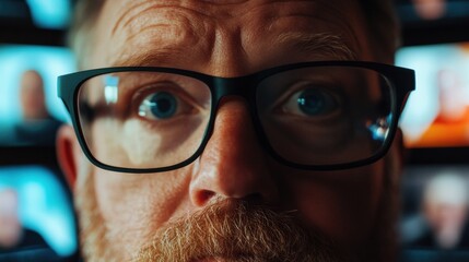 Fototapete - Hyper-Focus Tech Professional Immersive Cybersecurity Surveillance Closeup - Intense Digital Monitoring Aesthetic with Cutting-Edge Workplace Concentration