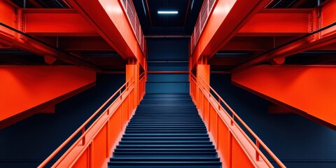 Poster - Cyberpunk Urban Infrastructure Minimalist Industrial Staircase in High-Contrast Red and Blue - Architectural Innovation Meets Digital Aesthetic Design Narrative