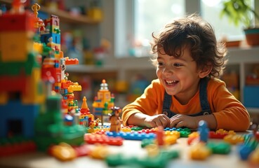 Joyous kid plays with colorful building blocks, laughs, creates fantasy world. Child builds city from plastic bricks on table. Develops creative skills, enjoys childhood, happy leisure activity