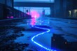 © julija - rain-slicked urban street at night with neon lights reflecting in puddles, creating electric blue streaks across dark asphalt amid rising fog and looming concrete structures