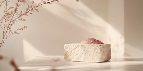Aufkleber - Serene Wellness Minimalism Raw Stone Podium with Soft Pink Bath Salts - Aesthetic Self-Care Branding for Modern Holistic Lifestyle Narratives