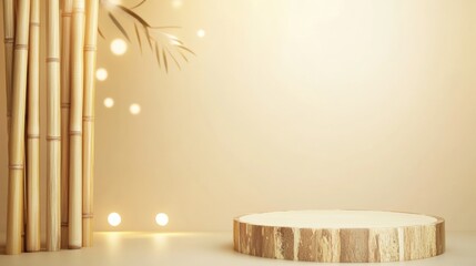 Poster - Eco-Minimalist Bamboo Product Display Sustainable Wooden Podium with Soft Lighting for Mindful Wellness Branding and Premium Natural Marketing