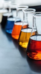 Fototapete - Immersive STEM Learning Vibrant Laboratory Glassware Showcasing Dynamic Experimental Color Gradients in High-Resolution Scientific Discovery Narrative