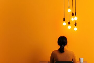 Poster - Minimalist Creative Inspiration Vibrant Yellow Workspace Illuminating Innovative Thinking with Suspended Light Bulbs and Modern Workspace Simplicity