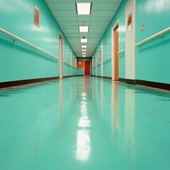Poster - Minimalist Healthcare Design Hygienic Teal Corridor Showcasing Modern Medical Infrastructure with Clean Spatial Workflow and Institutional Wellness Aesthetics