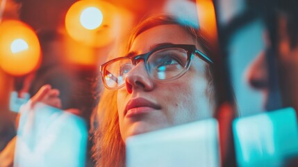 Fototapete - Innovative Tech Vision Millennial Professional in Vibrant Workspace, Embodying Creative Problem-Solving and Digital Transformation Insights