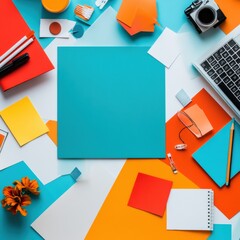Poster - Vibrant Creative Workspace Dynamic Flat Lay Design with Bold Color Blocking, Modern Tech and Stationery - Millennial Productivity Inspiration