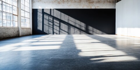 Aufkleber - Industrial Minimalism Raw Urban Workspace with Expansive Natural Light, Concrete Floor and Grid Windows - Adaptive Commercial Design for Creative Professionals