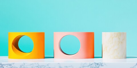Poster - Minimalist Color Block Investment Strategy Bold Geometric Shapes on Marble Surface Representing Financial Design Trends in Modern Brand Communication