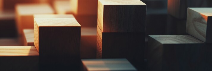 Aufkleber - Minimalist Leadership Strategy Modular Wooden Blocks Visualizing Hierarchical Growth and Corporate Innovation in Soft Warm Lighting