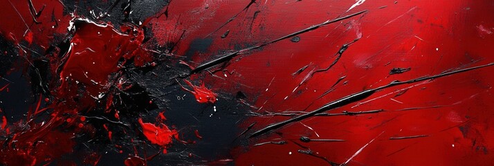 Fototapete - Powerful display of chaotic energy with sharp red and black elements striking against a dark background Generative AI