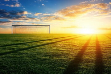 Aufkleber - Wide angle view of a soccer field at sunrise with golden sunlight illuminating the grass and goalposts Generative AI