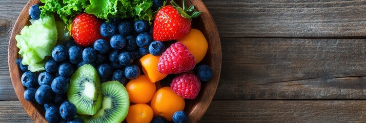 Poster - Fresh fruit and leafy greens arranged beautifully in a wooden bowl on a rustic table Generative AI