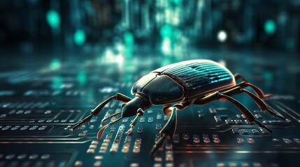 Wall Mural - a digital bug on a background of cascading binary code, symbolizing software testing, high-tech prog