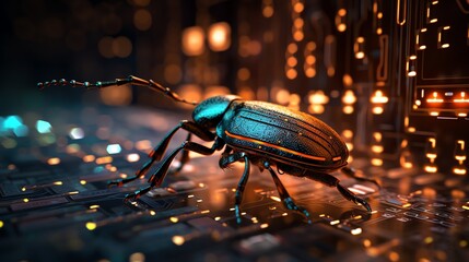 Wall Mural - a digital bug on a background of cascading binary code, symbolizing software testing, high-tech prog