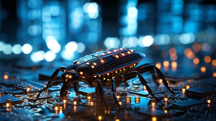 Leinwandbilder - A digital bug resting on a stream of binary numbers, symbolizing software testing, glowing code fragments, high-tech atmosphere, sharp focus, detailed circuit board