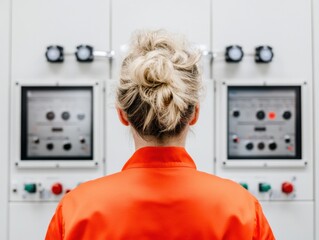 Aufkleber - Minimalist Industrial Intelligence Next-Gen Female Professional Navigating Smart Manufacturing Interfaces with Precision, Technological Empowerment and Operational Mastery