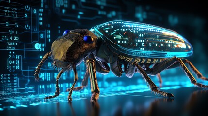 Aufkleber - Close-up of a bug on scrolling binary code, representing software debugging, intricate code patterns, glowing neon digits, ultra-detailed, futuristic tech setting