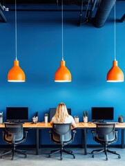 Poster - Vibrant Blue Modern Workspace Innovative Design Meets Collaborative Tech Culture - Inspiring Professional Environment for Next-Gen Creative Teams