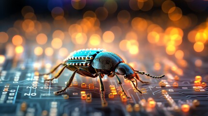 Poster - A bug crawling on binary code, symbolizing software testing and debugging, detailed digital background, glowing binary numbers, hyper-realistic, cinematic lighting