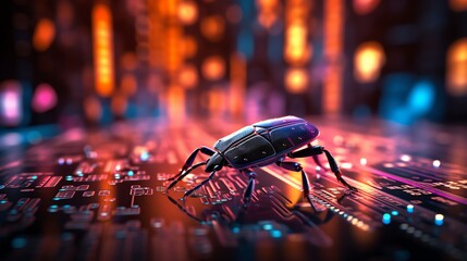 Poster - A bug crawling on glowing binary code, symbolizing software testing and debugging, high-tech digital environment, neon code, ultra-detailed, cinematic lighting