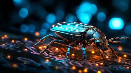 Fototapete - A bug crawling on glowing binary code, symbolizing software testing and debugging, high-tech digital environment, neon code, ultra-detailed, cinematic lighting