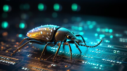 A bug interacting with flowing binary code, representing the challenge of software debugging, ultra-realistic, glowing code, sharp focus, digital theme