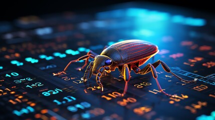 A bug on a computer screen with binary digits in the background, representing the debugging process, futuristic lighting, sharp contrast, ultra-realistic