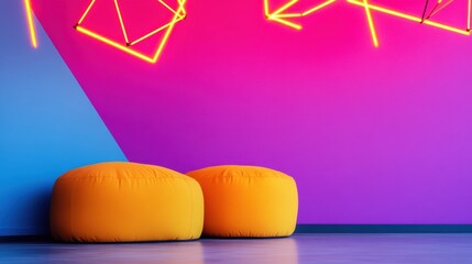 Poster - Cyberpunk Comfort Minimalist Ergonomic Seating in Vibrant Neon Workspace - Innovative Design for Modern Corporate Wellness and Creative Productivity