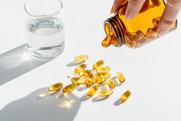 Poster - Minimalist Wellness Revolution Golden Omega-3 Capsules in Soft Light - Nutritional Supplementation for Holistic Health and Digital Age Vitality