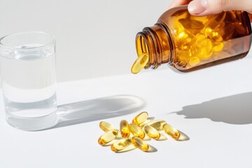 Poster - Minimalist Wellness Ritual Clean-Label Omega-3 Supplement with Golden Capsules and Modern Hydration - Holistic Health Essentials for Mindful Consumers