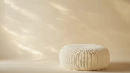 Aufkleber - Minimalist Textural Living Soft Woven Linen Ottoman Showcasing Calming Neutrals in Contemporary Interior Design Trend