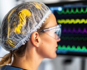 Aufkleber - Neuroinnovation Uncovered AI-Powered Cardiac Monitoring with Next-Gen Female Research Professional in High-Performance Medical Technology