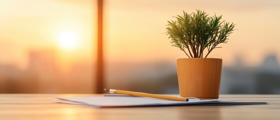 Aufkleber - Zen Productivity Essentials Minimalist Workspace with Sunrise Glow, Potted Plant, and Soft Natural Lighting for Modern Creative Professionals