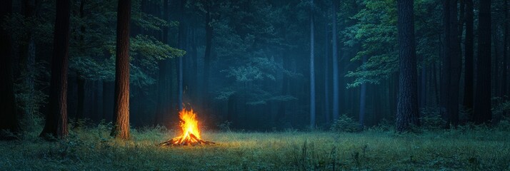 Aufkleber - Solitary campfire glowing in a dark forest clearing on a quiet night surrounded by tall trees Generative AI