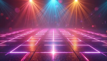 Aufkleber - Disco dance floor with colourful lighting. Neon stage. Club background. Blue, purple, pink vibrant glow, dark scene, futuristic, cyber, laser beams. Shiny night party banner. Digital abstract